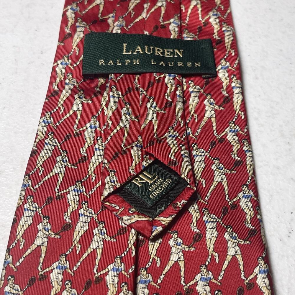 Vntg Lauren Ralph Lauren RLL Silk Tennis All Over Print USA Red Tie